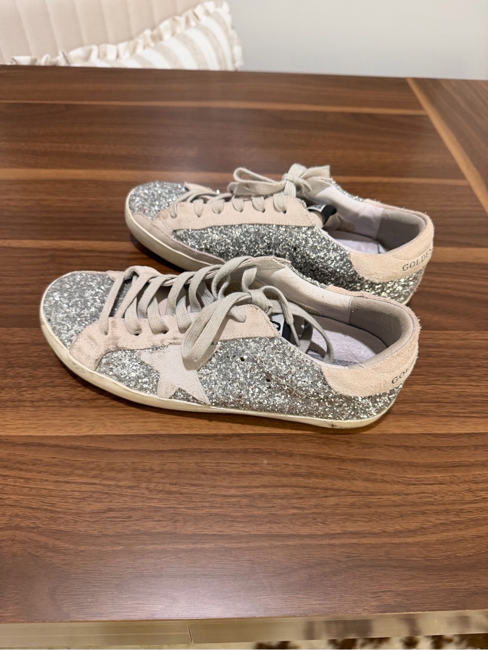 Golden Goose Women’s Silver Glitter and Beige Suede Superstar Sneakers